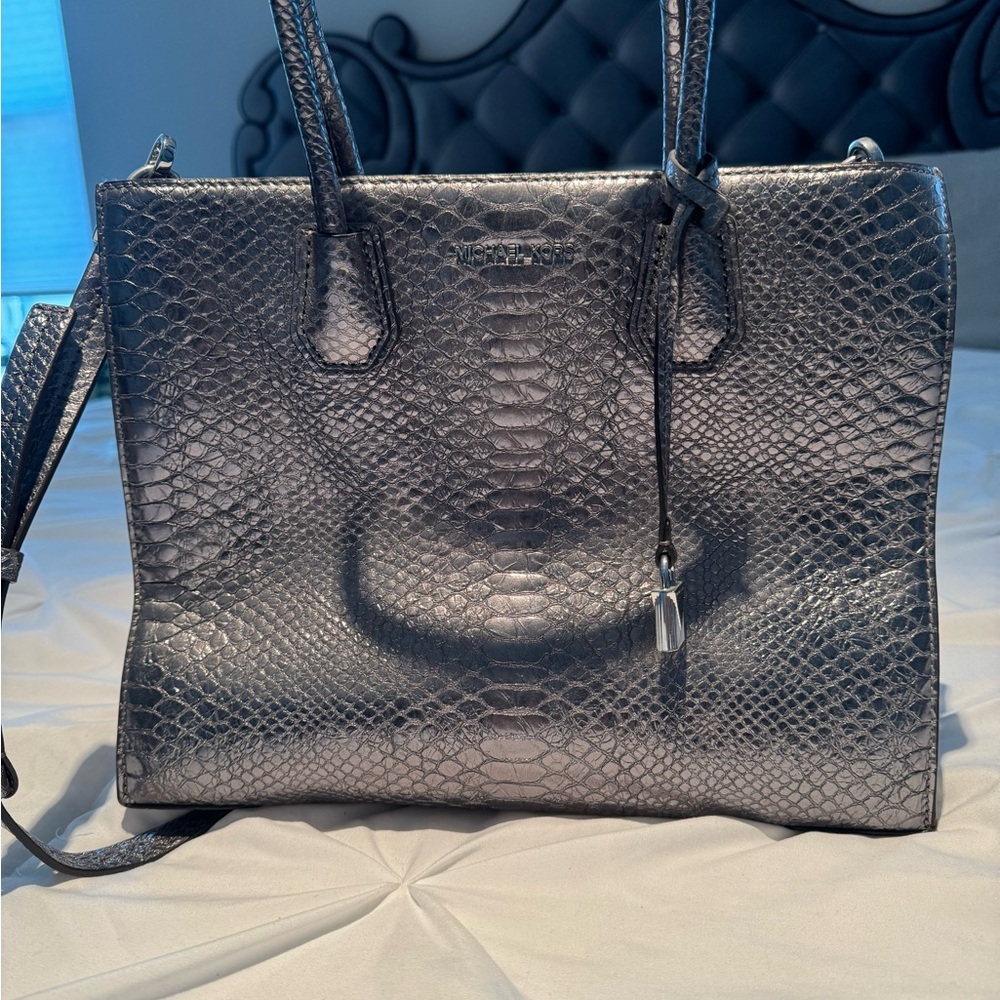 Michael Kors Snake-Embossed Silver Tote